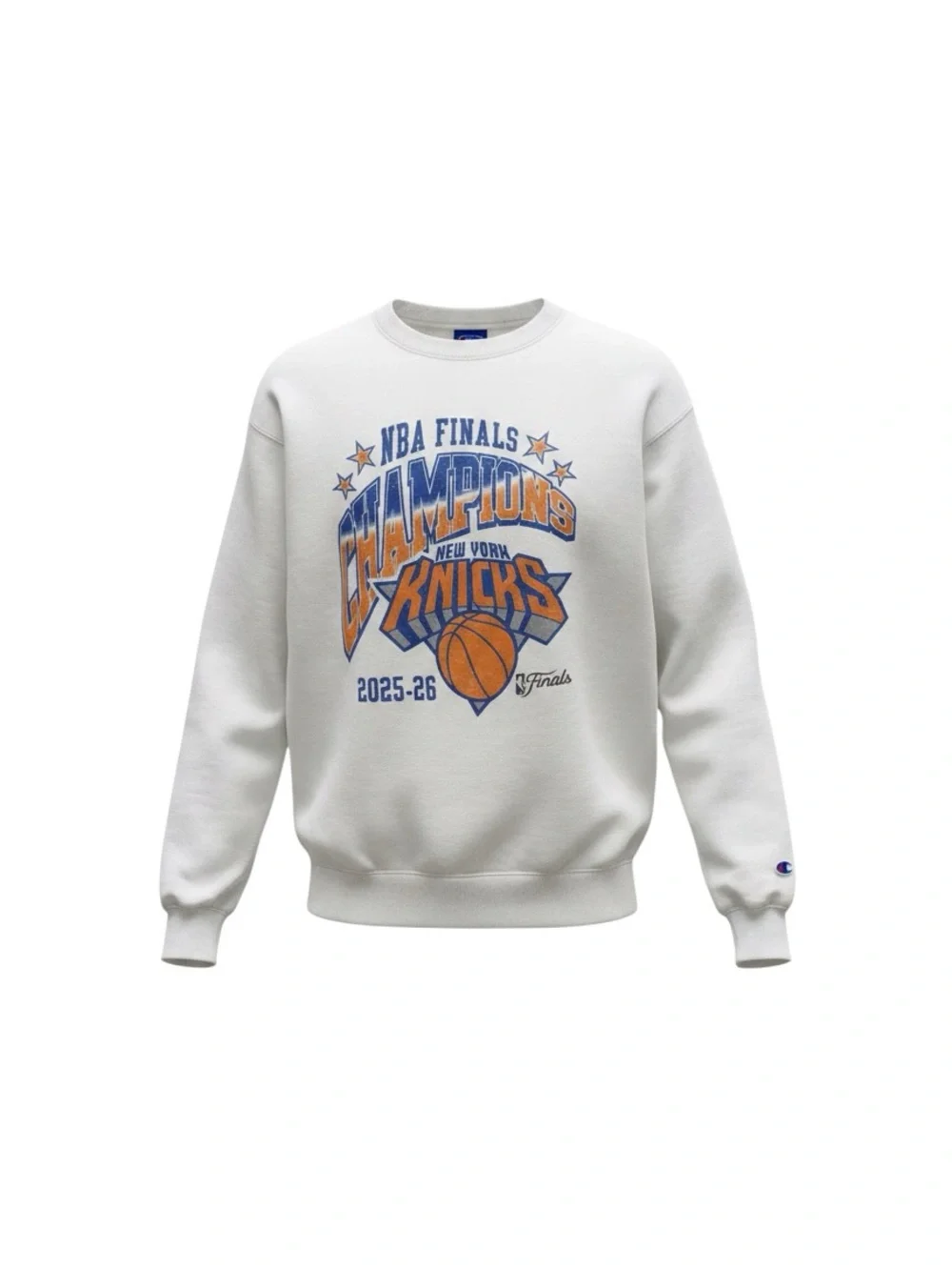 Champion White Crewneck Sweatshirt with Blue and Orange Knicks Graphic